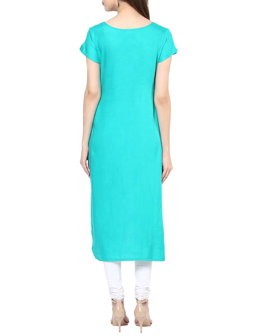 turquoise rayon printed long kurta - 12359043 -  Standard Image - 2