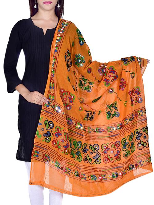 orange cotton embellished dupatta - 12372862 - Standard Image - 0