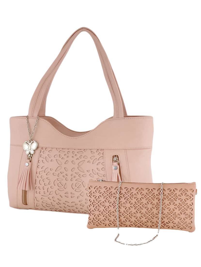 pink leatherette cutwork handbag and clutch combo