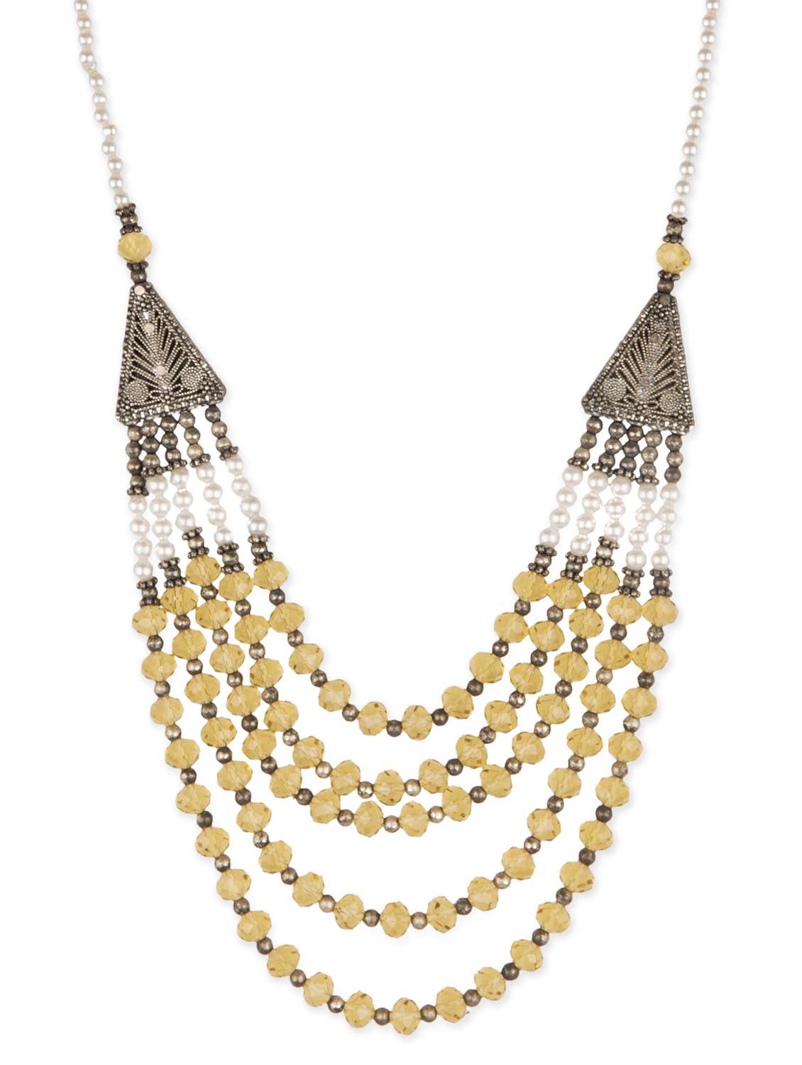 Yellow beads embellished layered long necklace