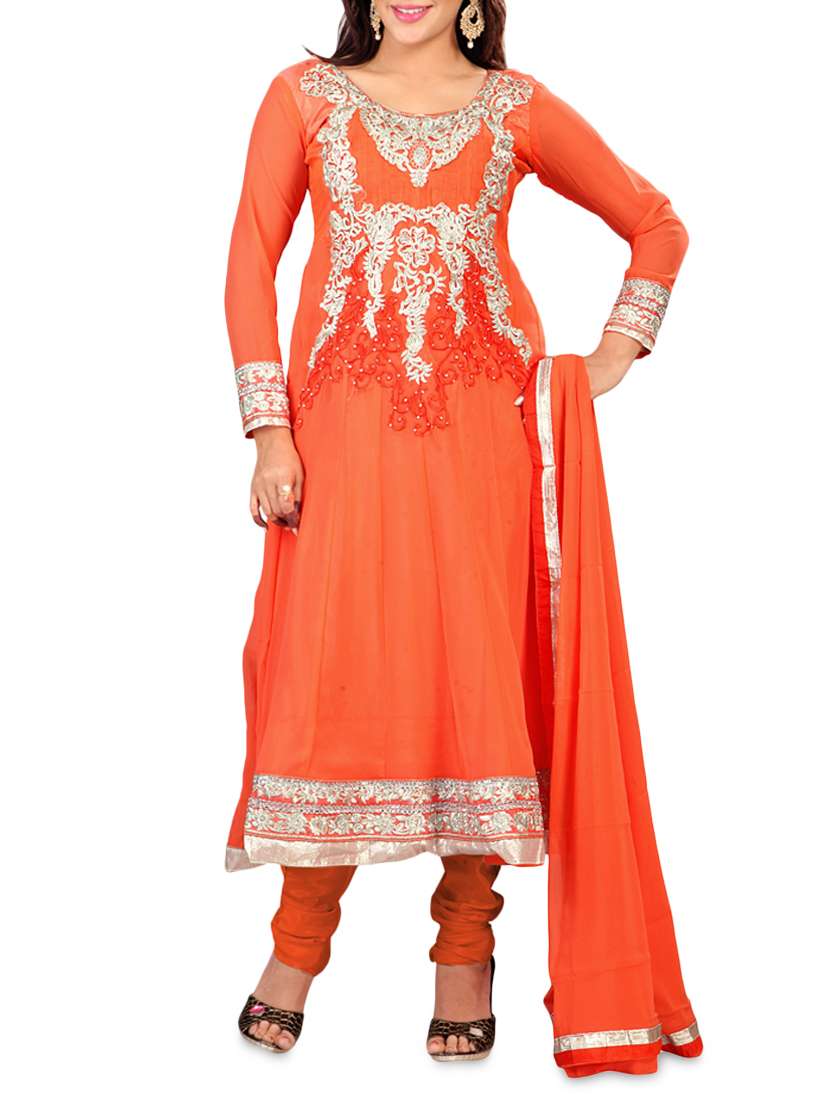 Orange Georgette Embroidered Unstitched Suit Set