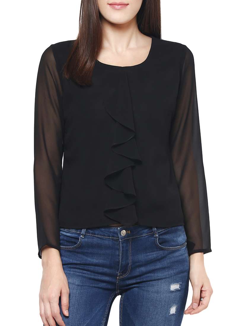sheer sleeved ruffle detail top