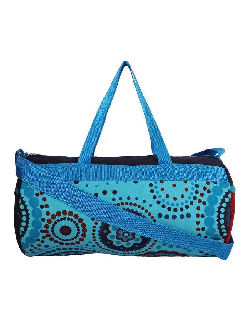 blue canvas printed duffle bag