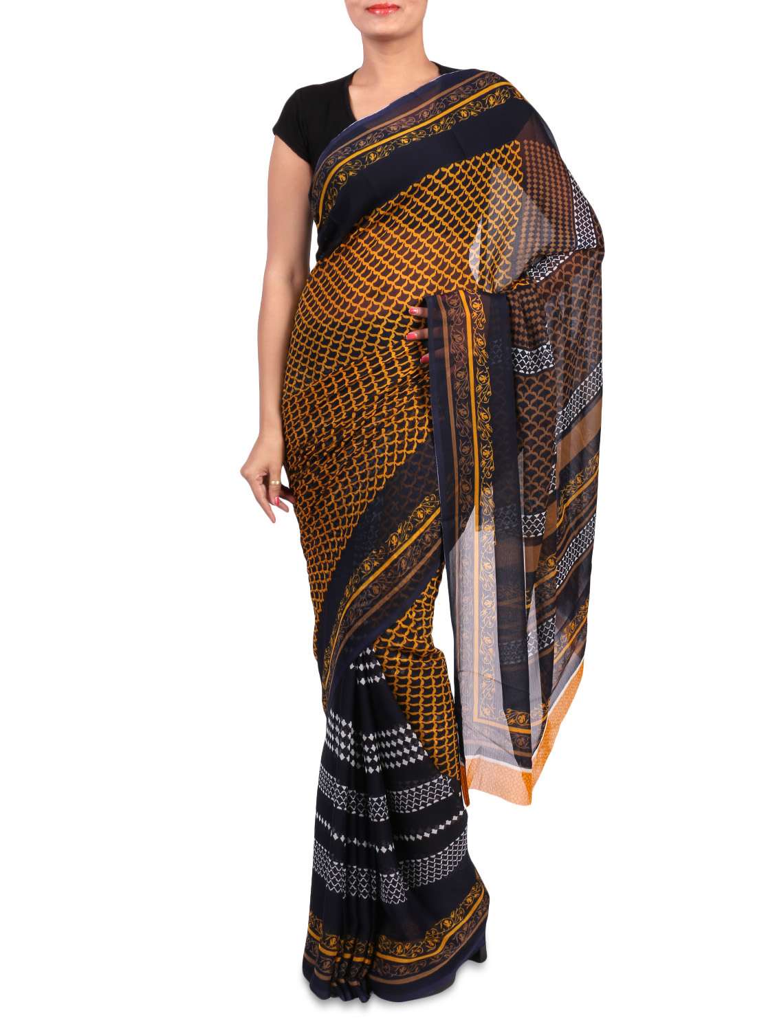 multicolor printed chiffon saree with blouse