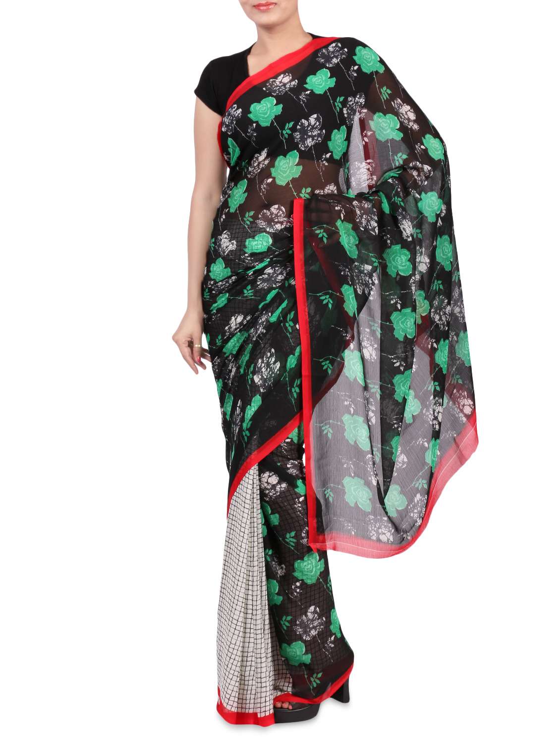 multicolor printed chiffon saree with blouse