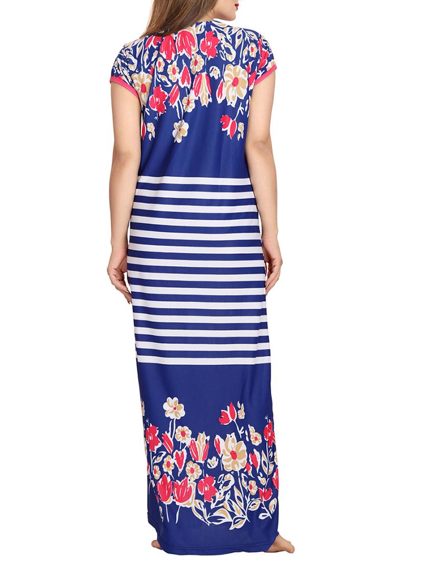 dark blue floral printed satin gown - 12427878 - Standard Image - 2