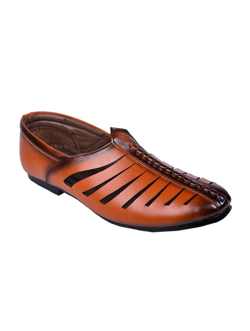 tan leatherette slip on sandal