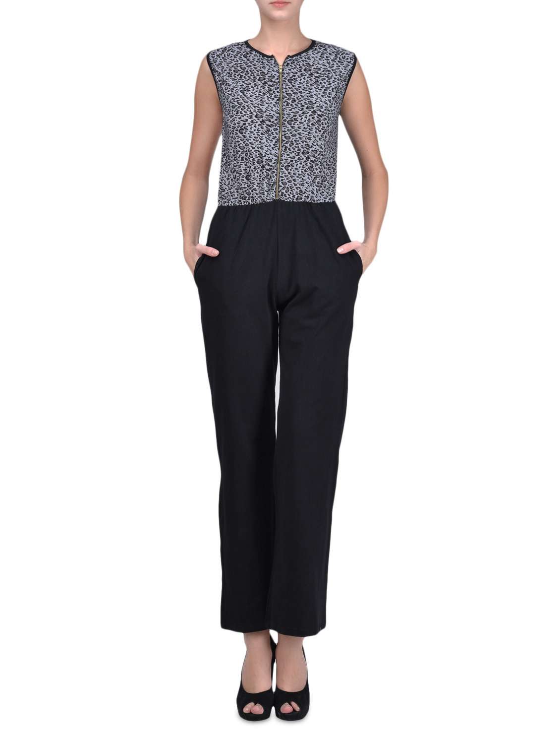 black printed poly-knit and cotton spandex jumpsuit