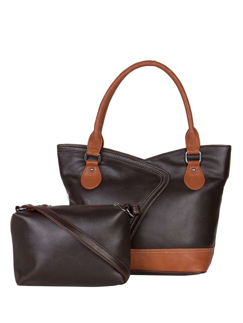 dark brown leatherette handbag and pouch combo