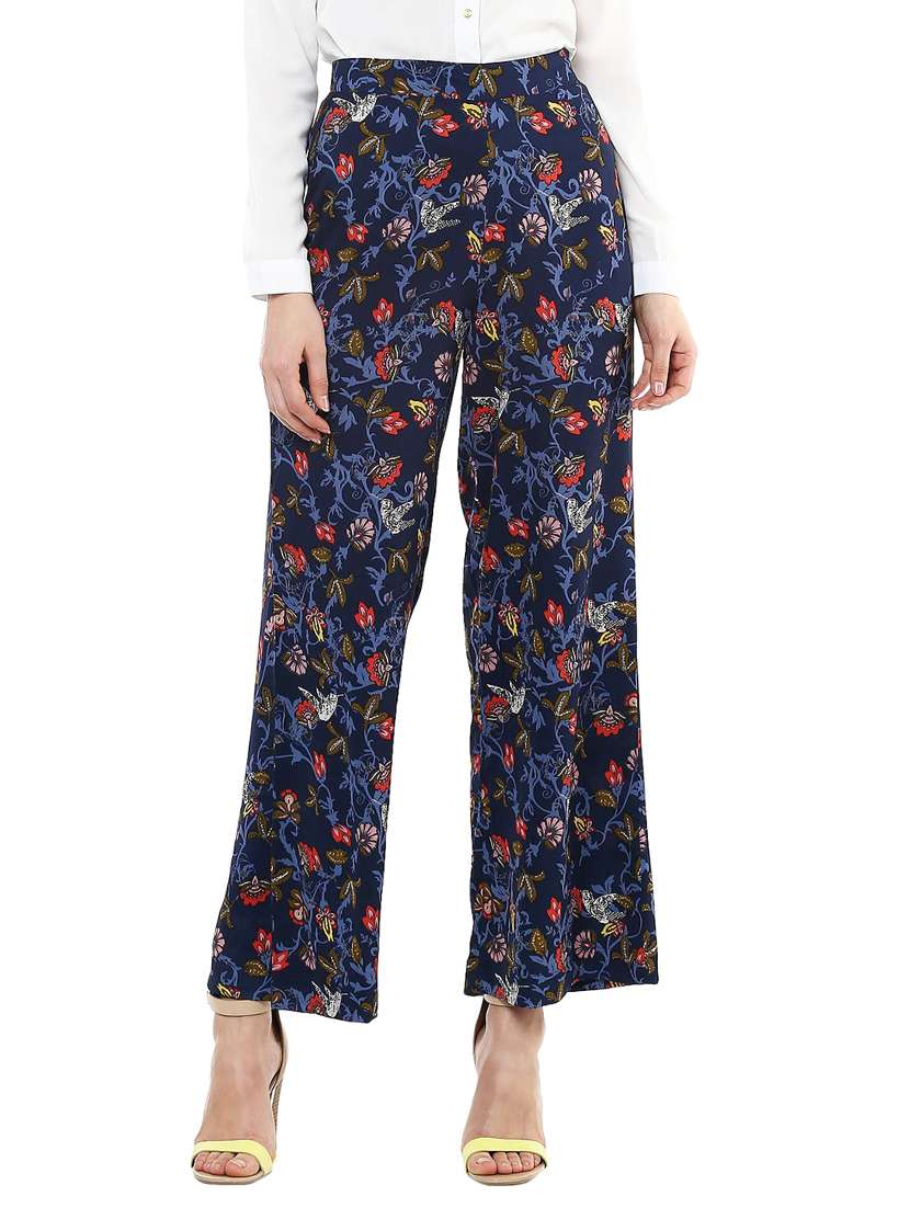 navy blue printed poly georgette flat front trouser