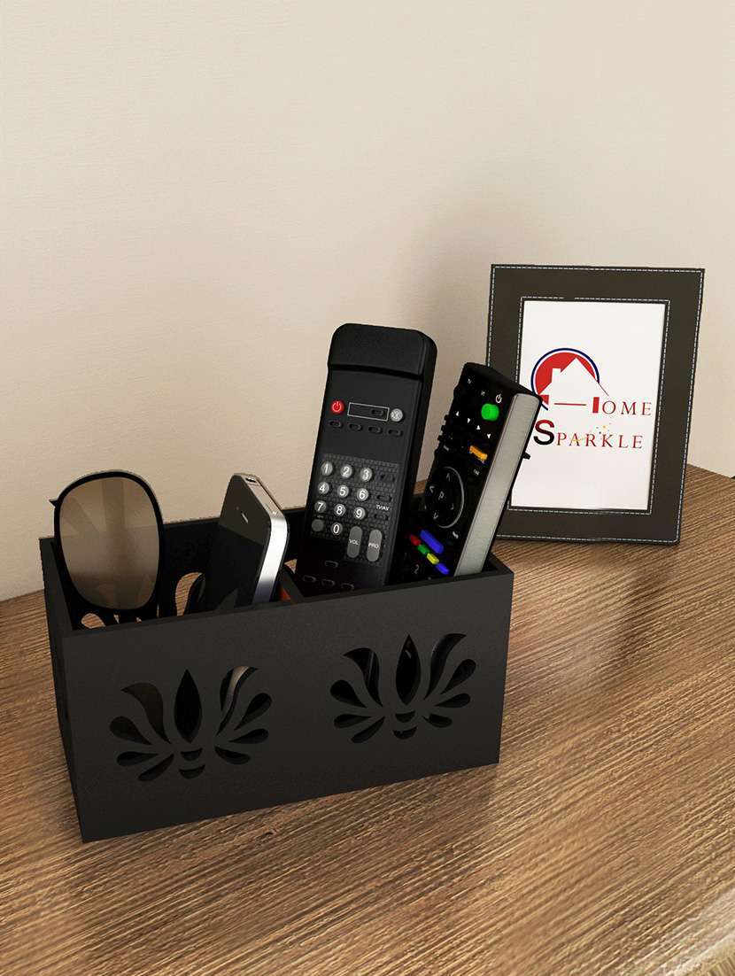 black engineered wood remote cum mobile holder