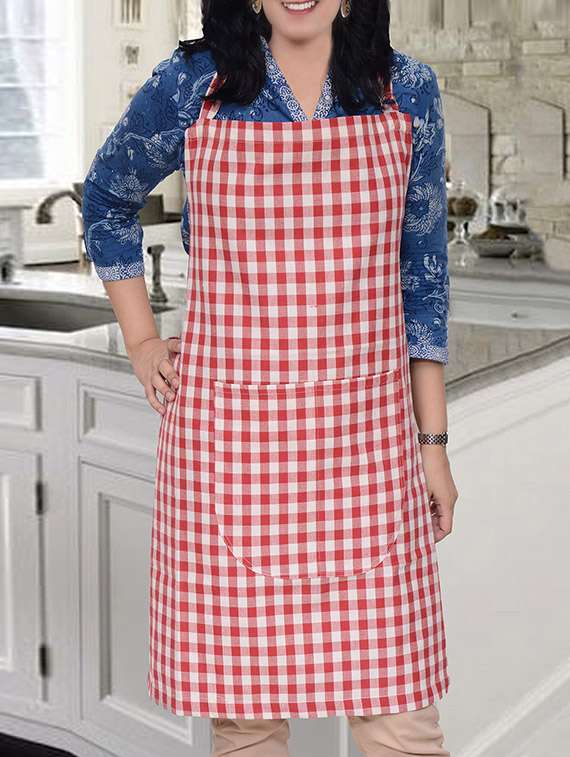 avira home checks chef apron, 100% cotton with adjustable neck strap,- red- set of 2