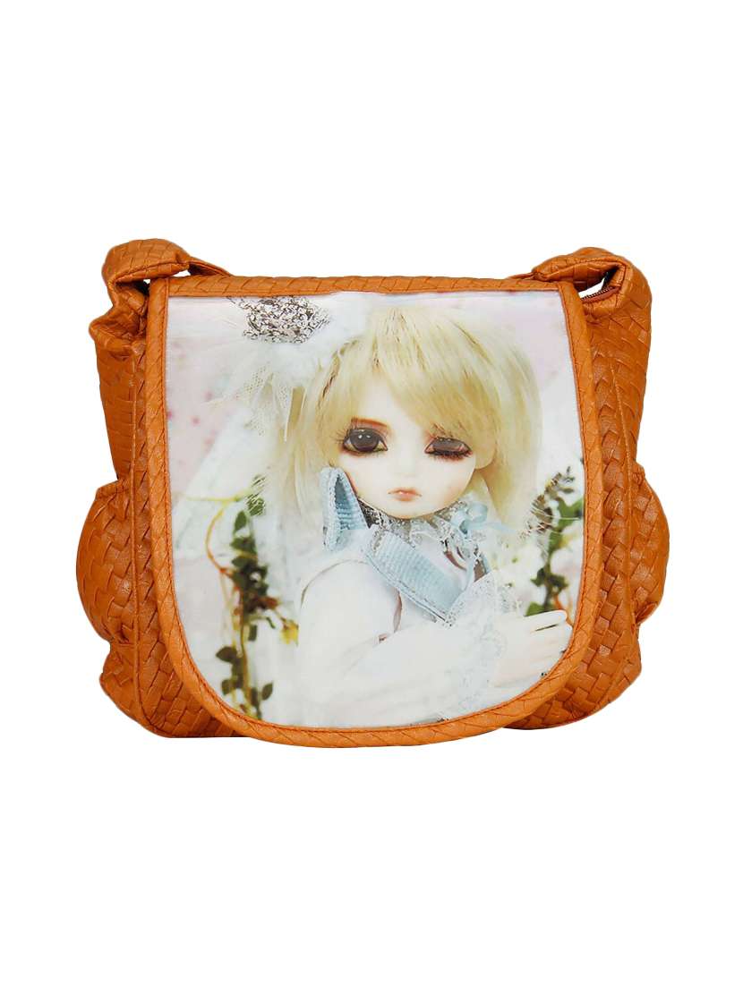 tan printed synthetic leather braided sling bag