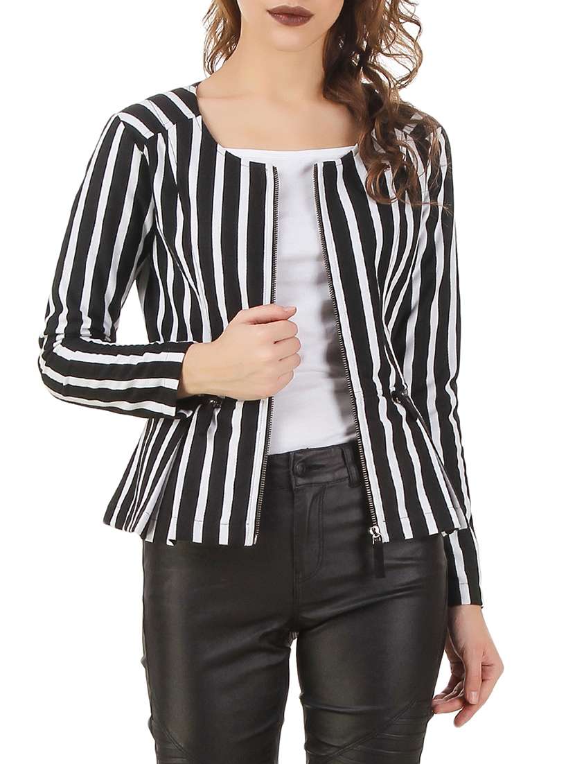 striped peplum zipper jacket