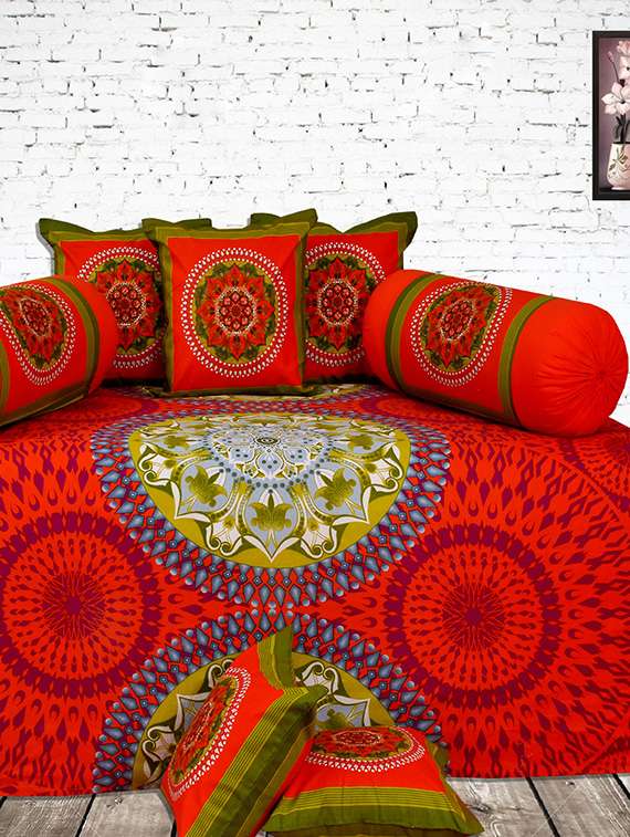 Salona Bichona 100 % Cotton Red Printed Diwan Set