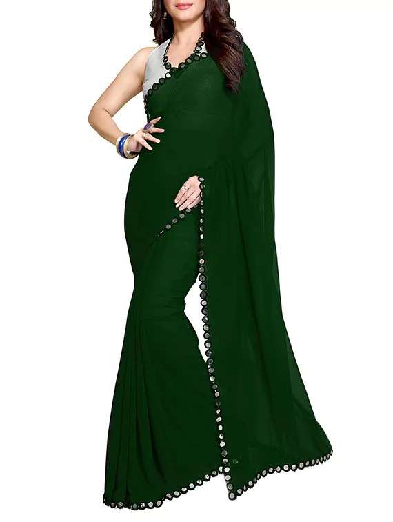 green faux georgette bordered saree with blouse