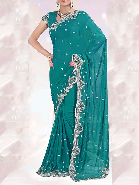 green faux georgette embroidered saree with blouse