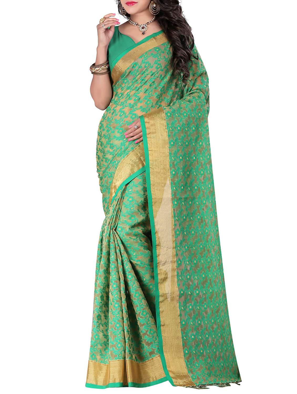 green art silk banarasi saree with blouse