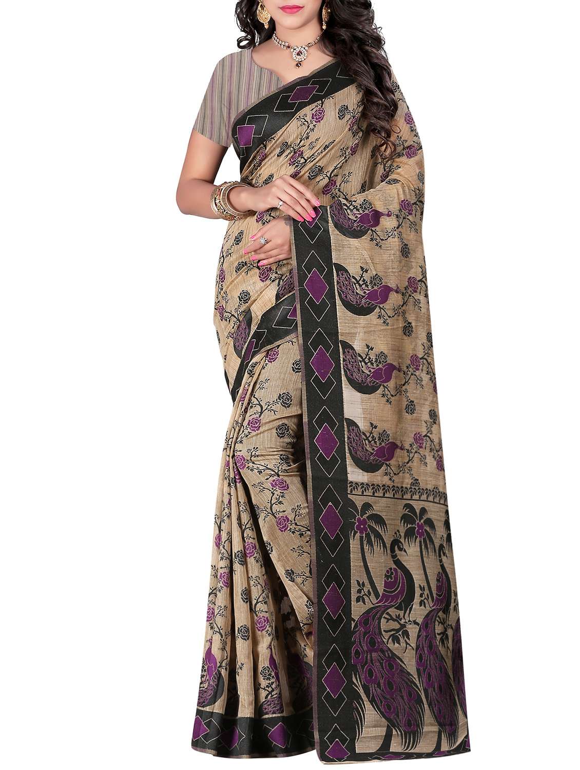 beige silk blend printed saree with blouse