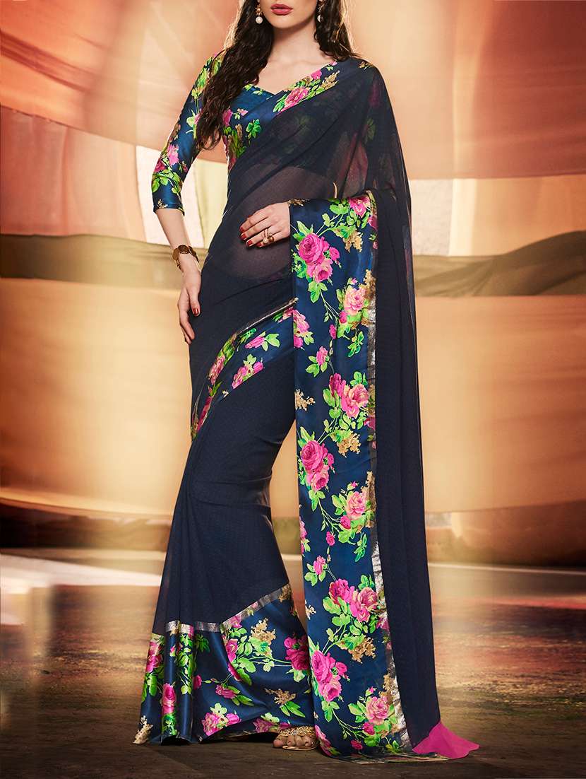 blue printed bordered saree with blouse