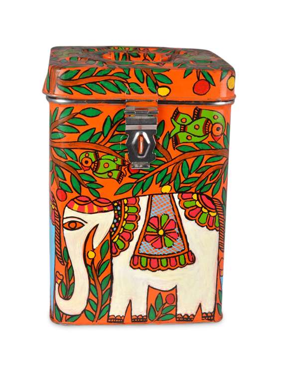 orange painted stainless steel container