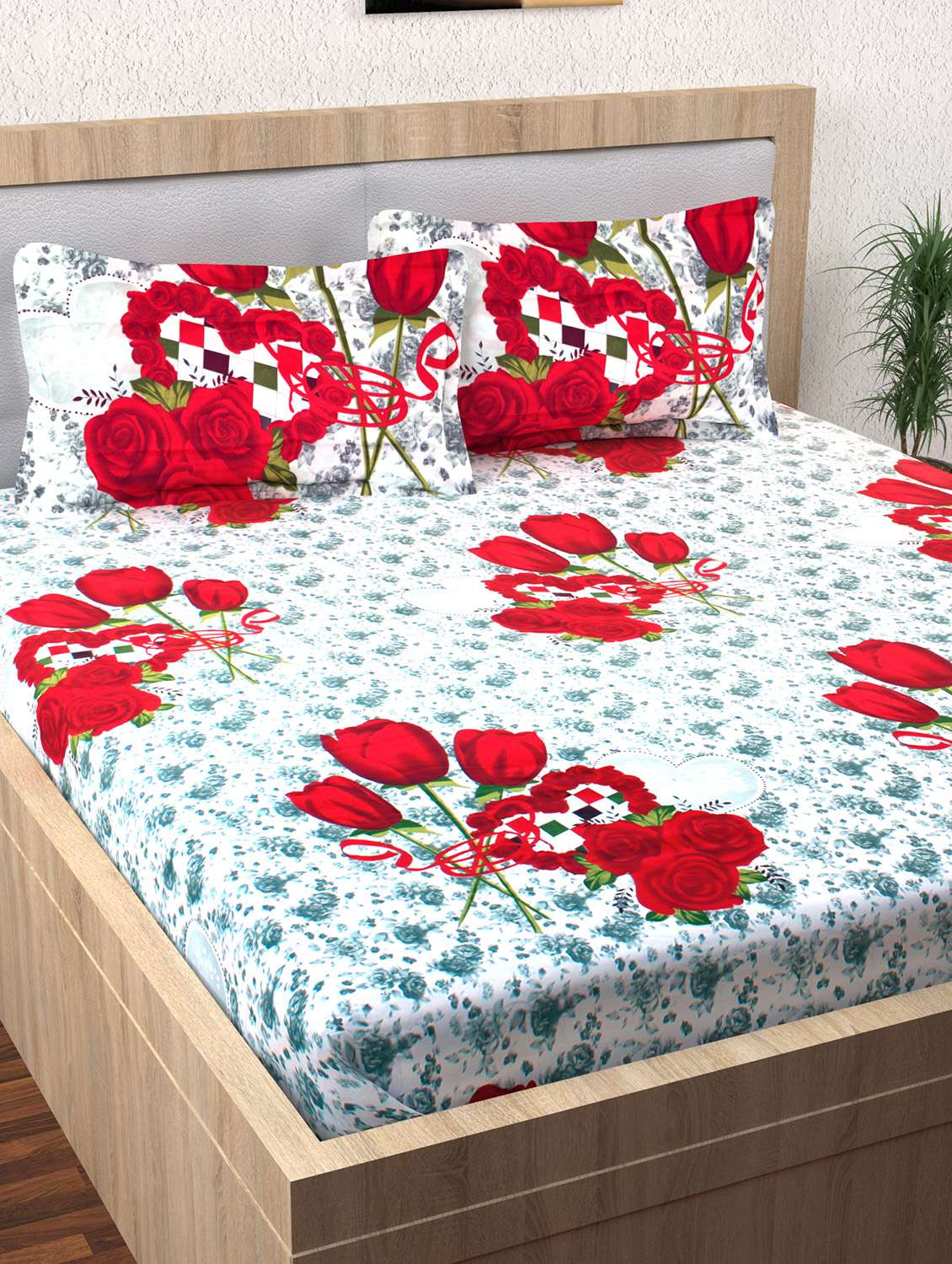 100% cotton red floral 1 double bedsheet with 2 pillow covers