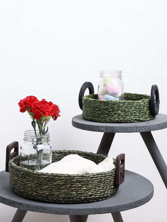 unravel india sabai grass round olive utility basket (set of 2)
