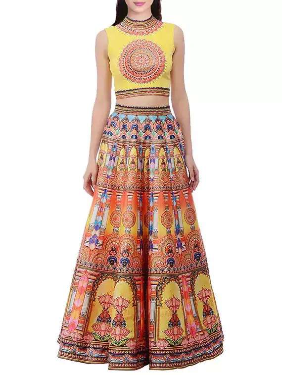 yellow silk printed semi-stitched lehenga