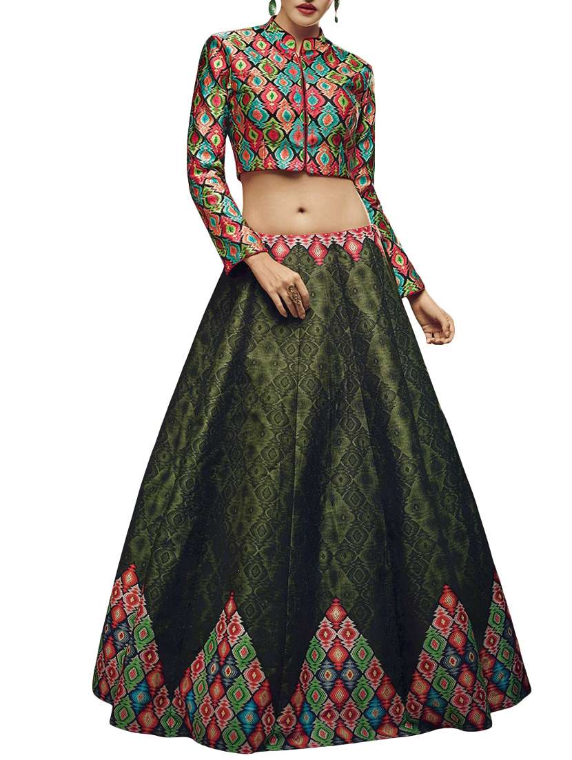 green silk printed lehenga