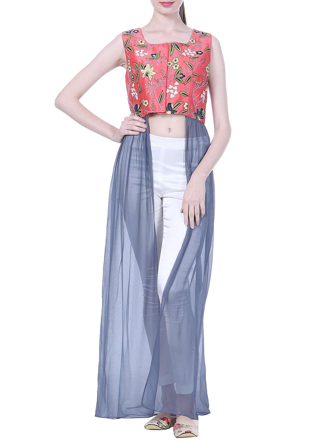 multi floral embroidered georgette sleeveless kurta