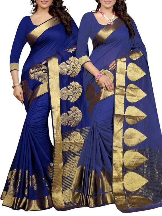 blue cotton banarasi saree combo with blouse