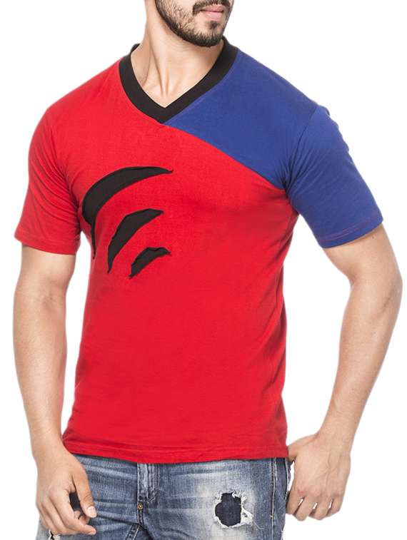 red and blue colour block cotton t-shirt