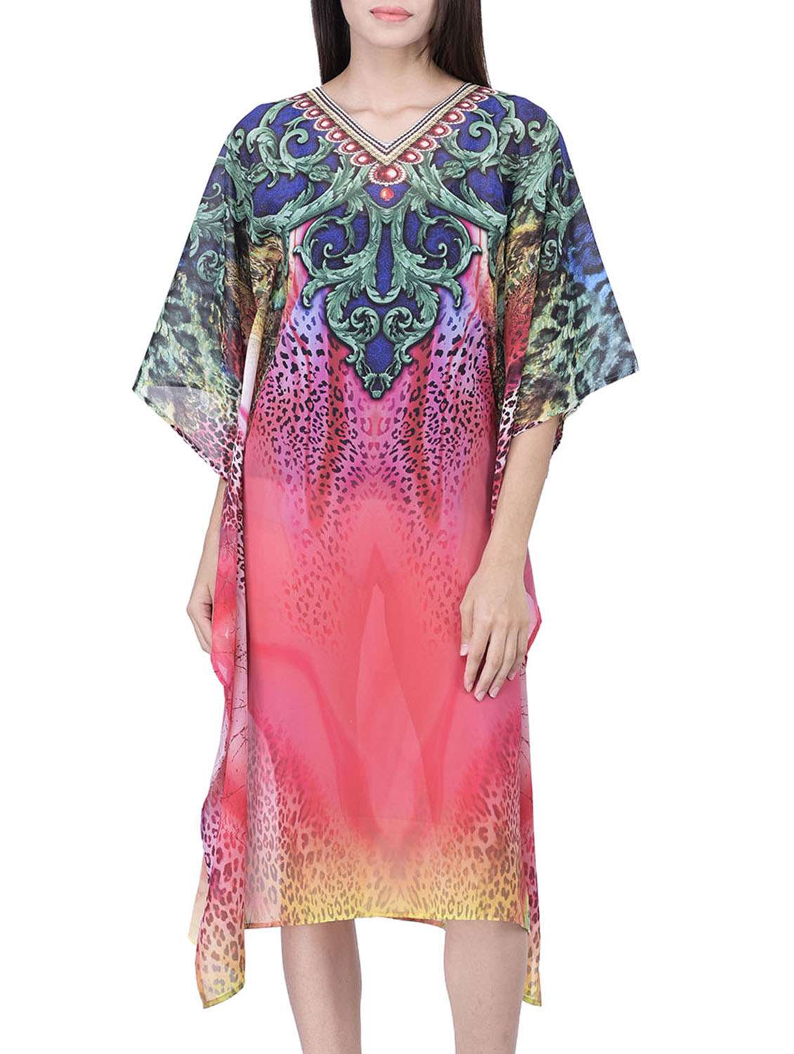 multi-color relax fit sheer printed kaftan dress 