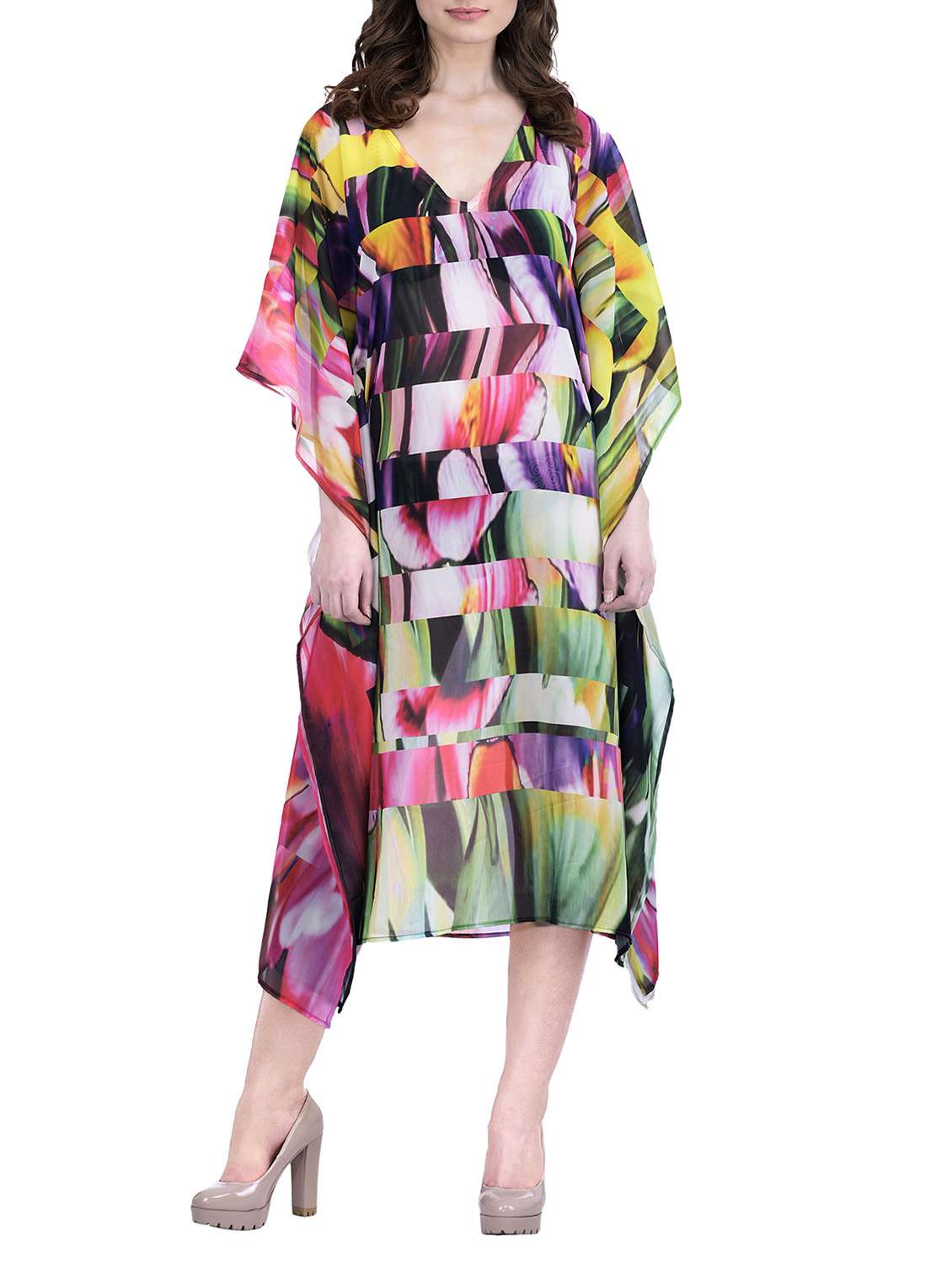 multi colored relax fit sheer printed kaftan dress