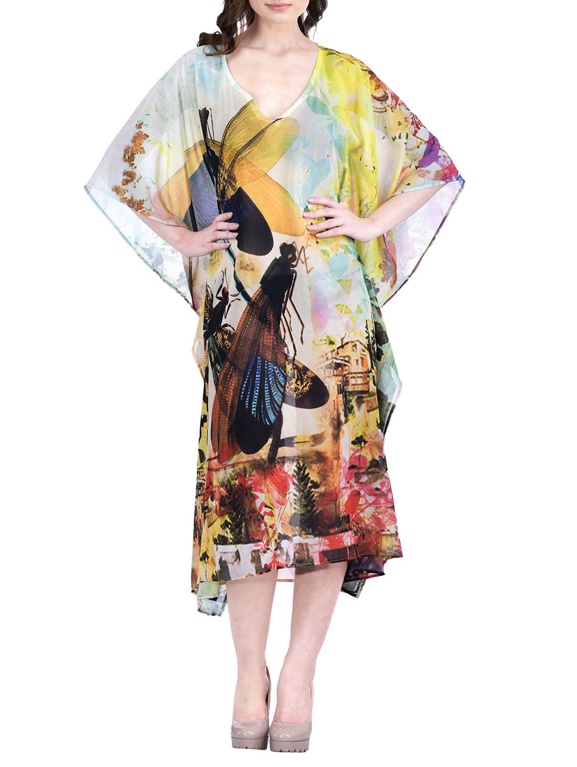 multi colored relax fit sheer printed kaftan dress 