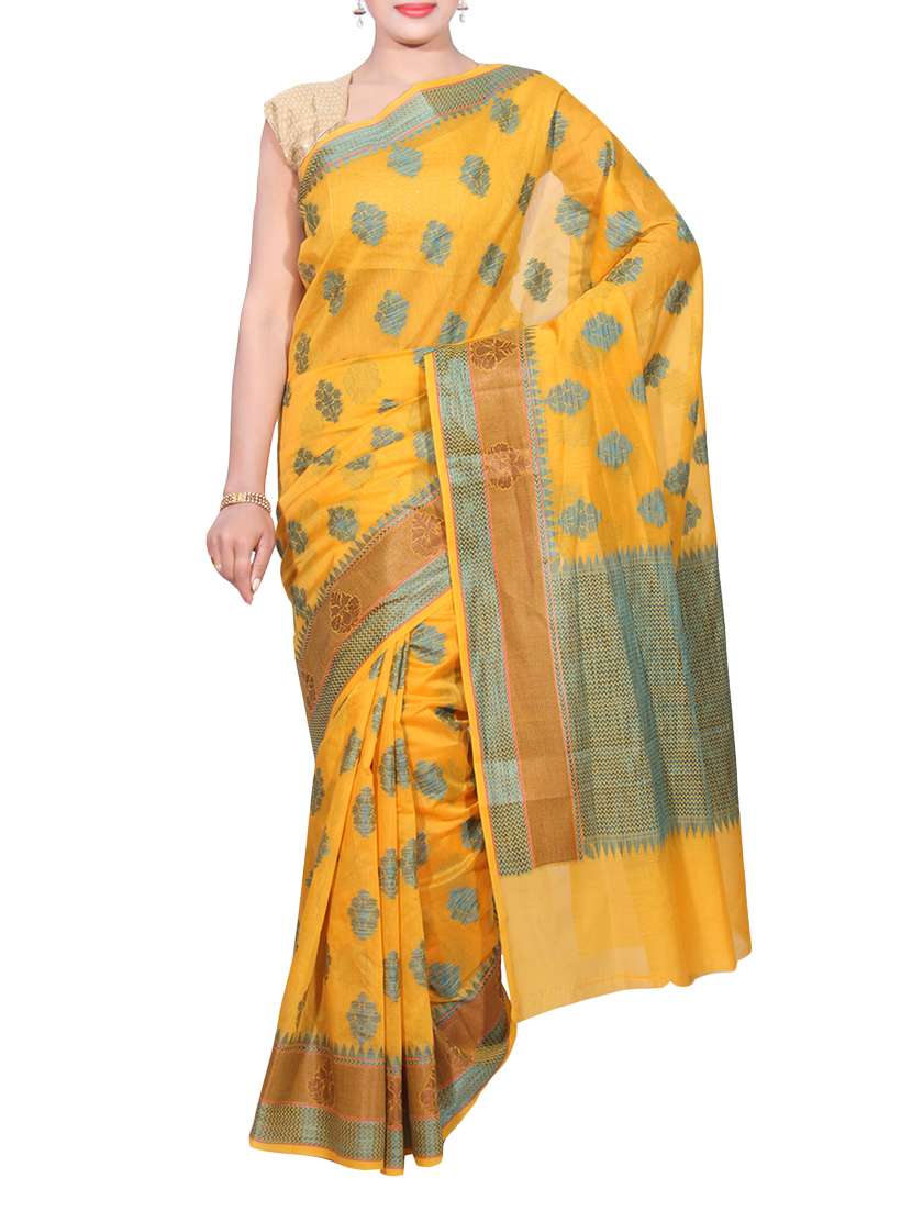 yellow cotton woven saree with blouse