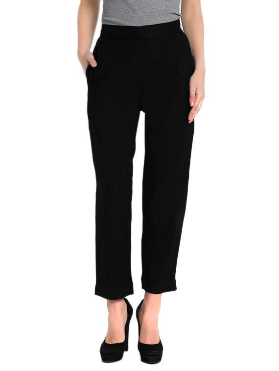 black cotton flat front trouser