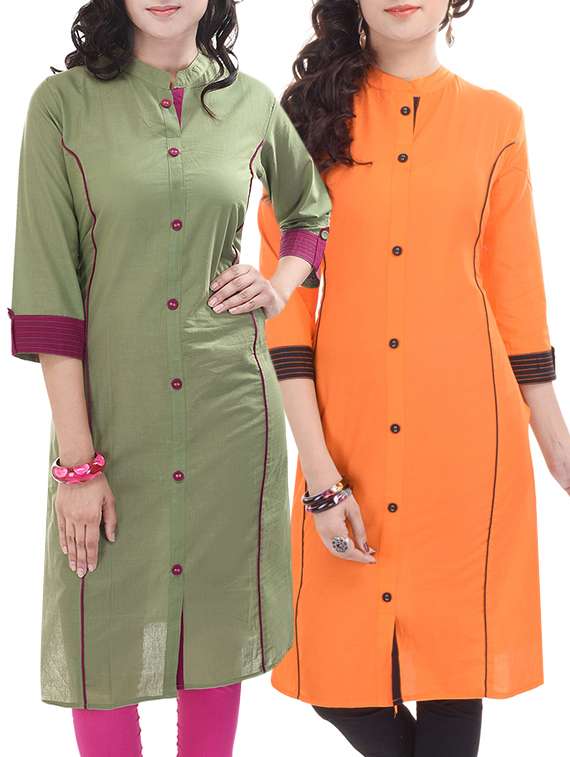 orange & green cotton combos kurta