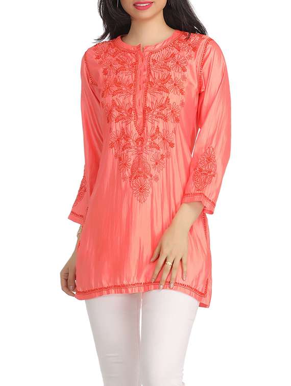 Orange solid embroidered tunic