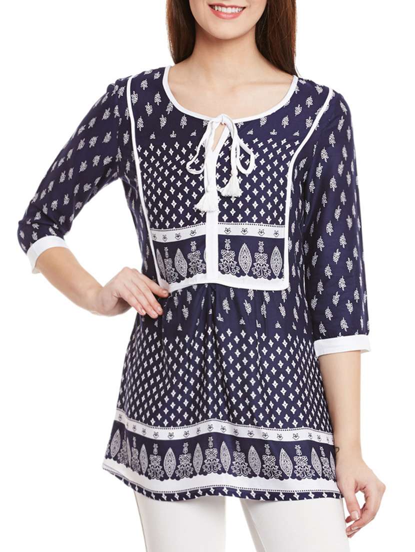 navy blue printed rayon regular top