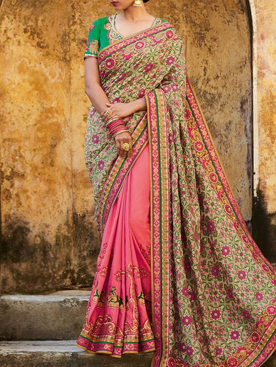 pink color half and half saree with blouse