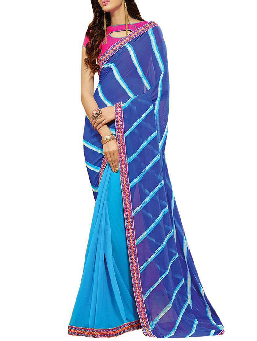 blue chiffon embroidered half and half saree with blouse