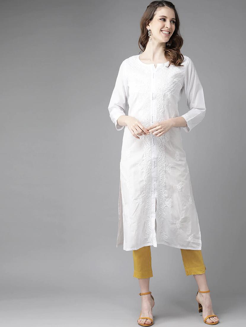 cotton long chikankari white kurta for women - 12785225 - Zoom Image - 0