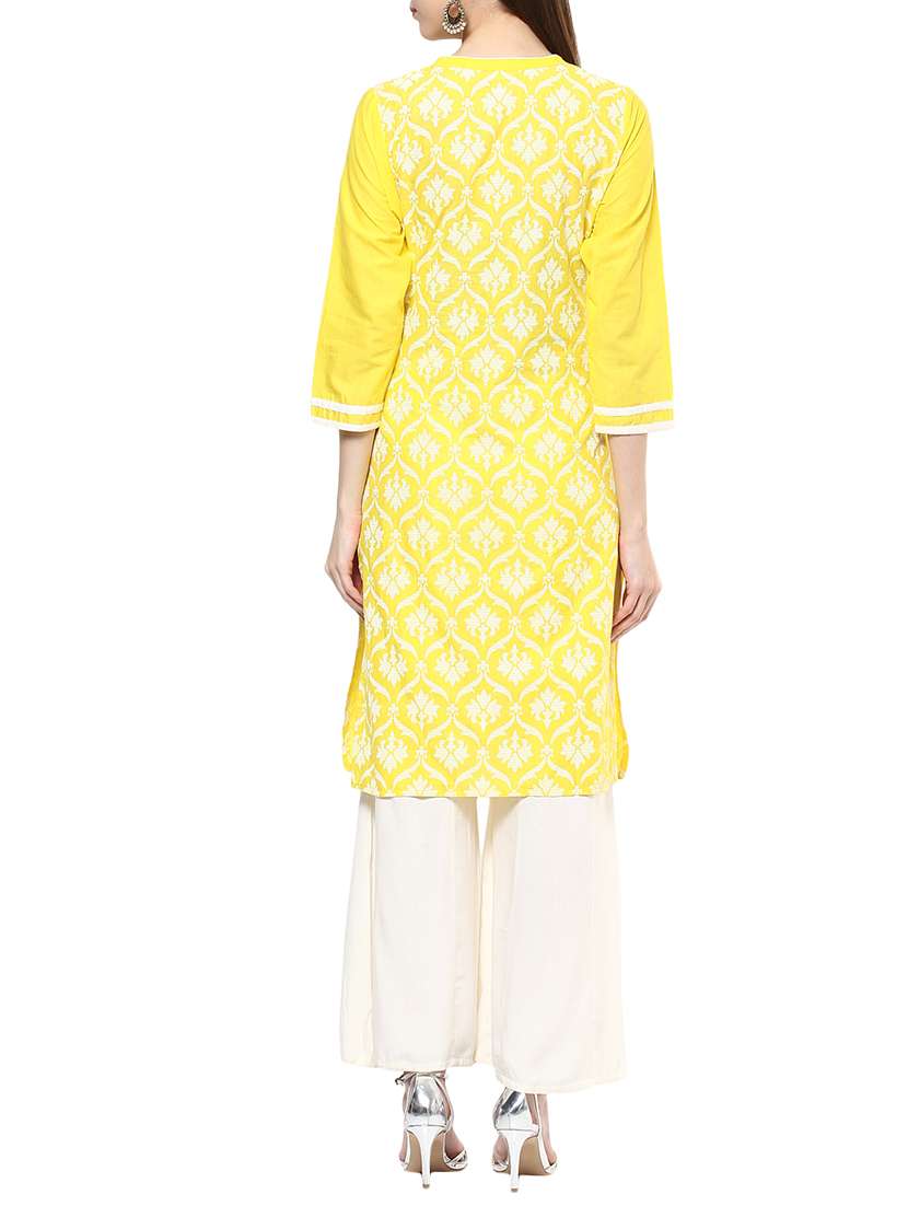 Yellow cotton block printed straight kurta - 12785262 -  Standard Image - 2