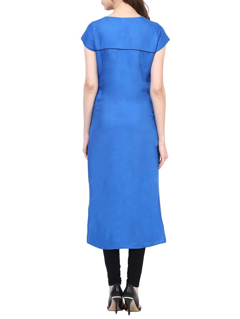 blue rayon block printed long kurta - 12785320 -  Standard Image - 2