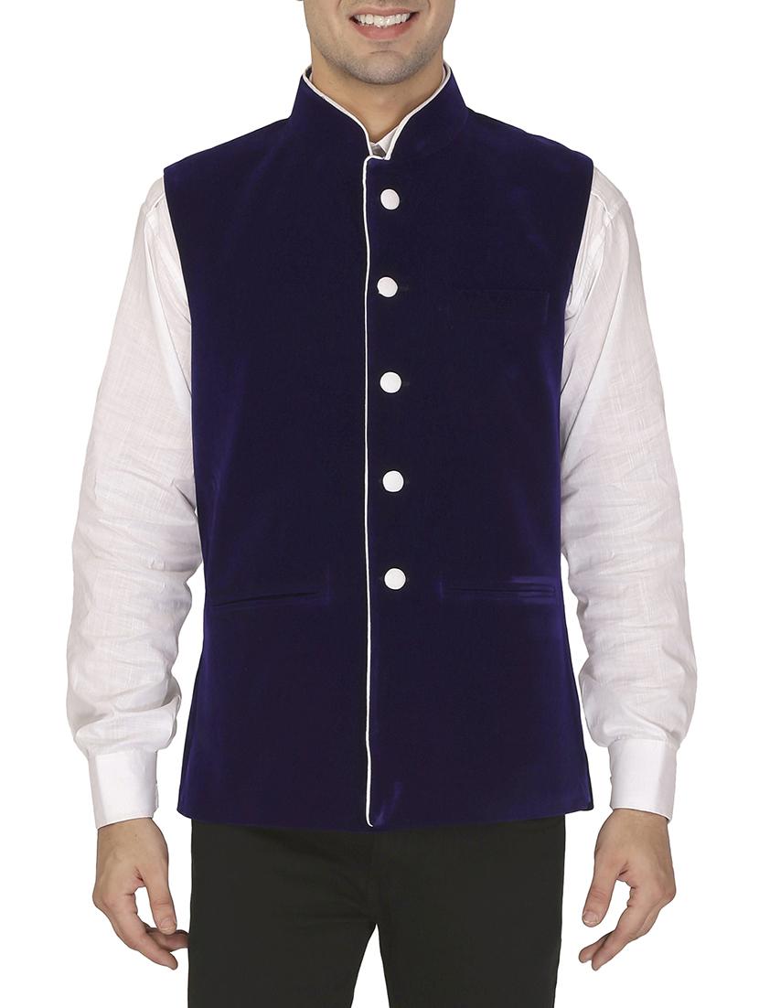 blue velvet nehru jacket - 12787130 - Zoom Image - 0