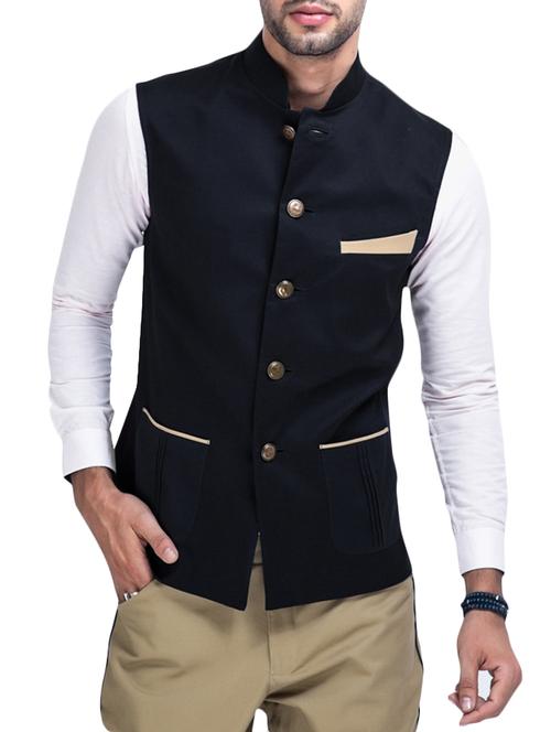 men black solid sleeveless nehru jacket - 12787143 - Standard Image - 0