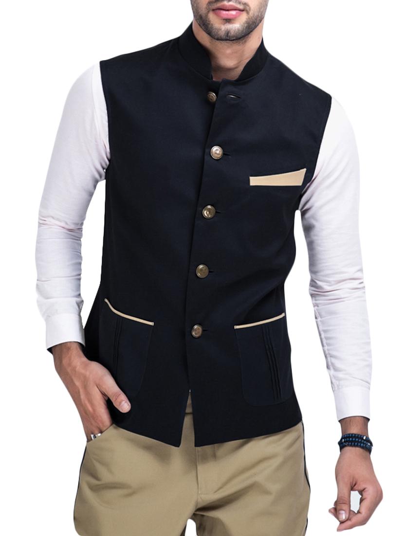 men black solid sleeveless nehru jacket - 12787143 - Zoom Image - 0