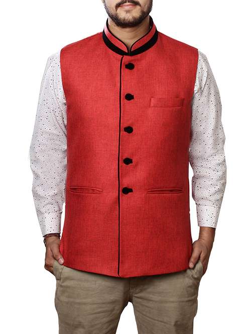 red cotton nehru jacket - 12787151 -  Standard Image - 0