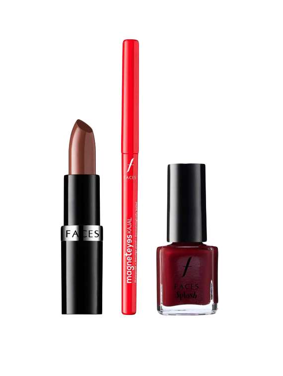 faces go chic lipstick cestnut brown + magneteyes kajal +splash nail enamel cotton candy (set of 3)